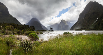 Картинка новая+зеландия природа горы деревья трава облака водоем