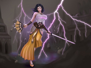 Картинка рисованное комиксы веер взгляд фон девушка меч