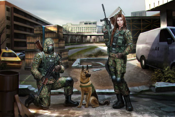 Картинка рисованное люди фон девушка мужчина город собака оружие камуфляж