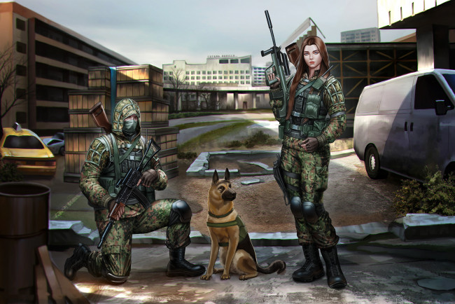 Обои картинки фото рисованное, люди, фон, девушка, мужчина, город, собака, оружие, камуфляж