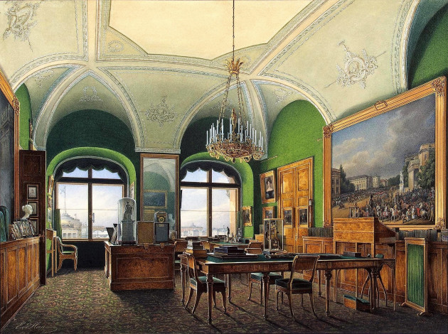 Обои картинки фото эдуард гау, рисованное, комната, люстра, столы, картина, окна
