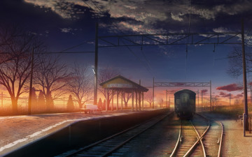 обоя аниме, byousoku, centimeter, вечер, перрон, поезд, станция, закат, железная, дорога