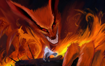 Картинка аниме naruto кьюби оскал пламя плащ namikaze minato лис шаринган девятихвостый
