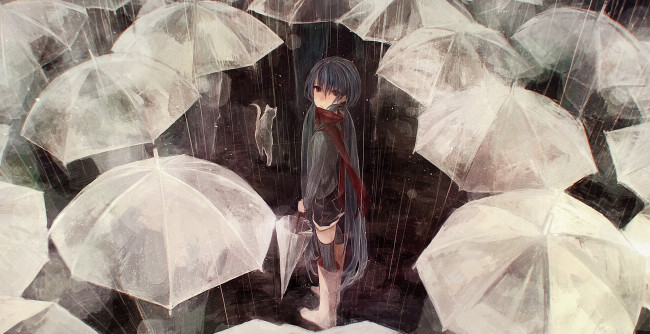 Обои картинки фото аниме, vocaloid, толпа, кошка, дождь, кот, hatsune, miku, люди, зонт, зонтики