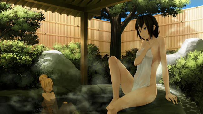 Обои картинки фото аниме, *unknown, другое, полотенце, горячий, источник, девушки, забор, дерево