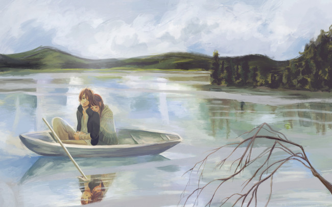 Обои картинки фото аниме, bokura, ga, ita, рисунок, ветка, озеро, лодка, takahashi, nanami, yano, motoharu, девушка, парень