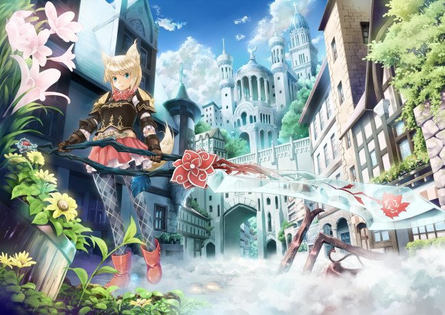 Обои картинки фото аниме, animals, дым, туман, цветы, неко, уши, хрустальный, замок, город, оружие, девушка, меч, ryouku