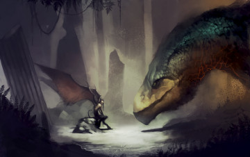 Картинка фэнтези демоны лес встреча дракон крылья демон