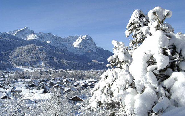 Обои картинки фото garmisch-partenkirchen,  bavaria,  germany, города, - пейзажи, снег, дома, горы