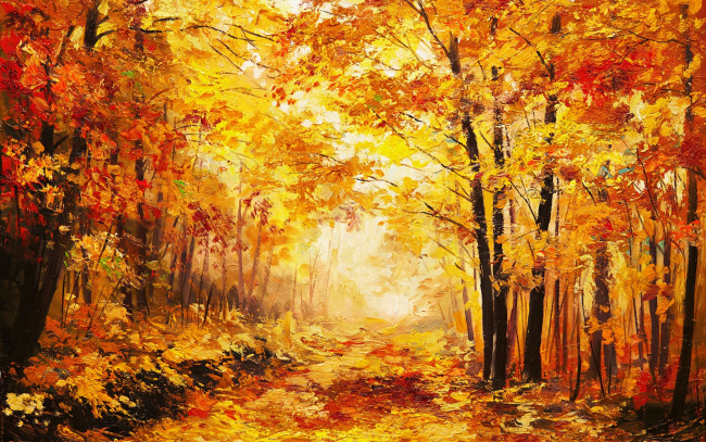 Обои картинки фото рисованные, живопись, окрас, деревья, осень, листья, время, года