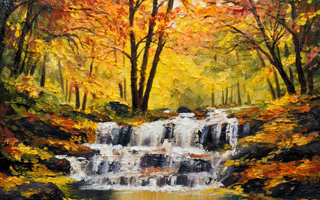 Обои картинки фото рисованные, живопись, осень, время, года, водопад, река, окрас, деревья, поток