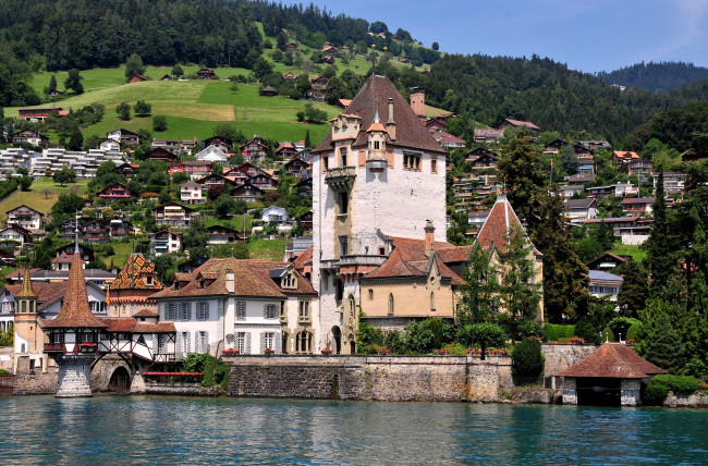 Обои картинки фото замок д`оберхофен , швейцария, города, - дворцы,  замки,  крепости, замок, вода