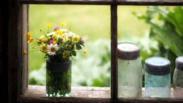 Картинка цветы букеты +композиции банки окно