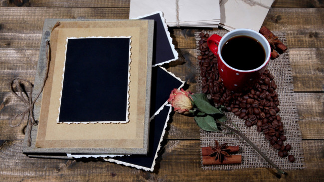 Обои картинки фото еда, кофе,  кофейные зёрна, роза, воспоминания, зерна, альбом, фото