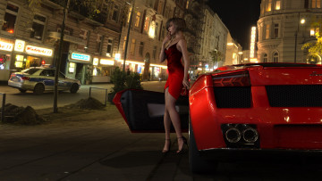 Картинка 3д+графика люди-авто мото+ people-+car+ +moto взгляд девушка ночь город автомобиль фон
