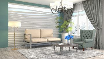 обоя 3д графика, реализм , realism, гостиная, люстра, интерьер, мебель, дизайн, цветок