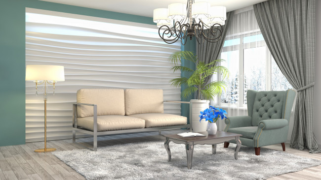 Обои картинки фото 3д графика, реализм , realism, гостиная, люстра, интерьер, мебель, дизайн, цветок