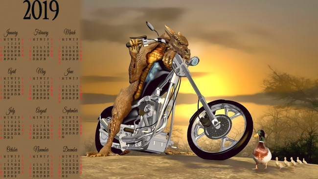 Обои картинки фото календари, 3д-графика, утка, птица, мотоцикл, животное, calendar, 2019