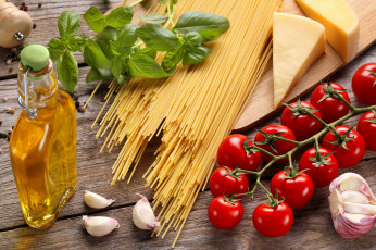обоя еда, разное, базилик, масло, спагетти, помидоры, сыр
