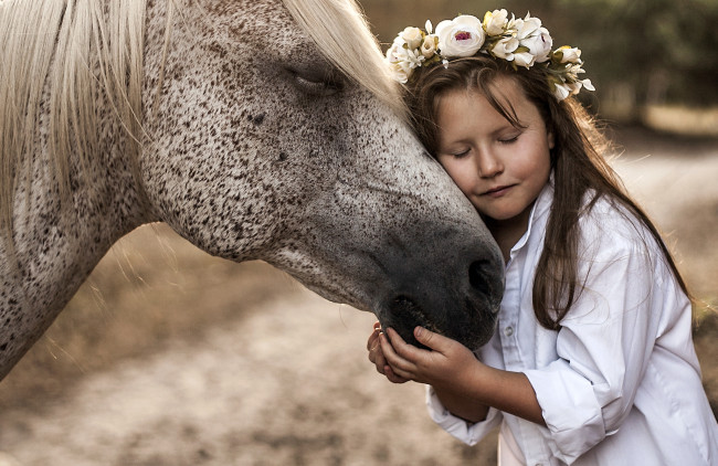 Обои картинки фото разное, дети, девочка, венок, лошадь