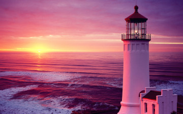 обоя природа, маяки, розовый, море, вечер