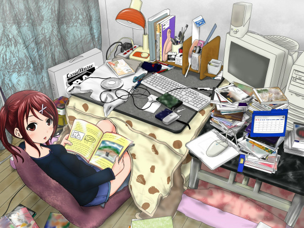 Обои картинки фото аниме, headphones, instrumental, тетради, девушка, стол, книги, компютер