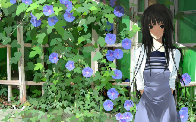 Обои картинки фото аниме, bakemonogatari, цветы, девушка, senjougahara hitagi, растения, платье