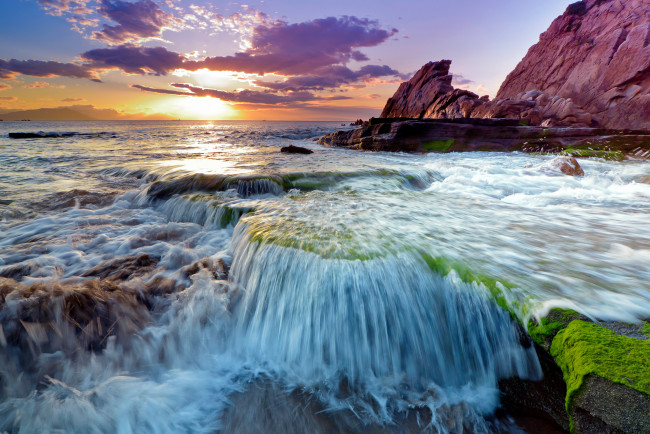 Обои картинки фото природа, моря, океаны, попережье, скалы, закат