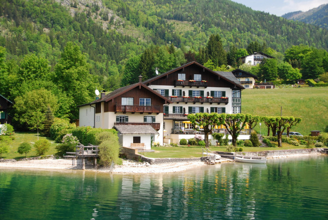 Обои картинки фото austria, wolfgangsee, города, пейзажи, озеро, дома, ландшафт