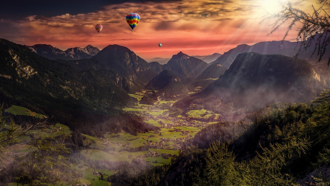Обои картинки фото авиация, воздушные шары дирижабли, горы, долина, шары, воздушные, полет