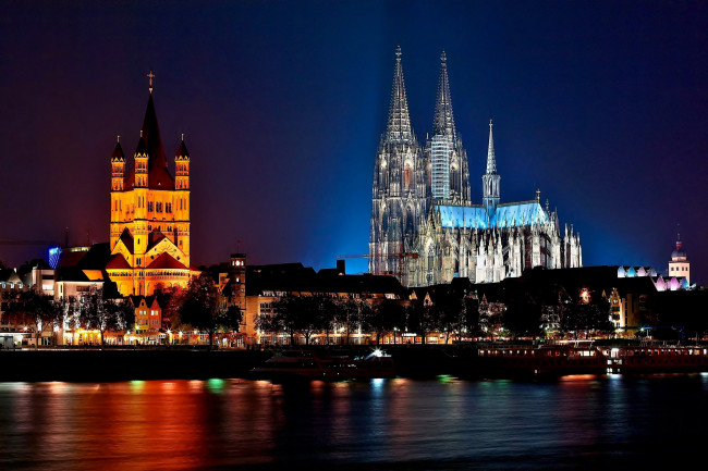 Обои картинки фото города, кельн , германия, собор, вечер, огни
