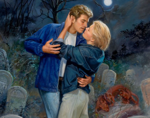 Картинка рисованные ed tadiello ночь на кладбище влюбленные
