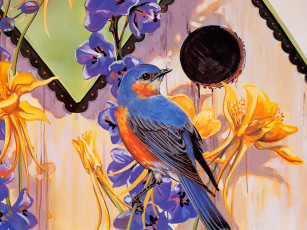 Картинка рисованные janene grende птичий домик цветы