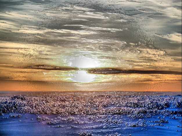 Обои картинки фото гравюра, разное, компьютерный, дизайн, солнце, небо, тундра, зима, закат