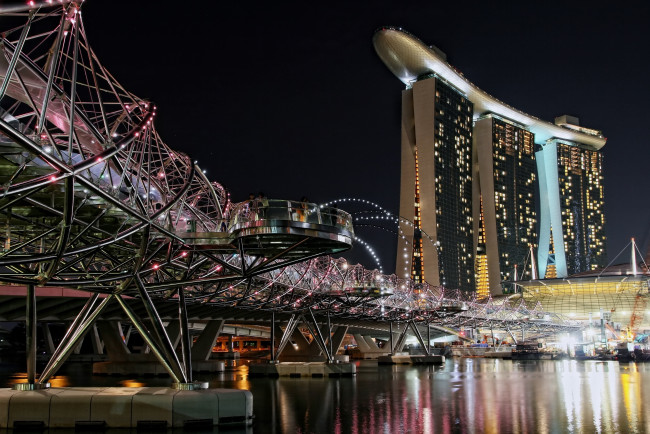 Обои картинки фото сингапур, города, мост, огни, город, ночь