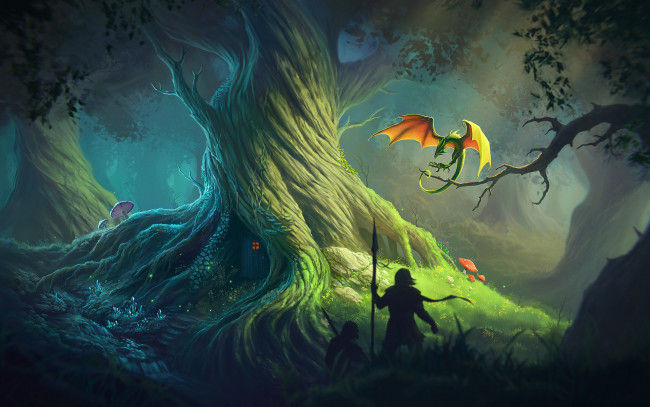 Обои картинки фото фэнтези, драконы, дракон, ветка, дверь, дерево, копье, гриб
