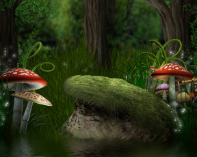 Картинка 3д+графика природа+ nature лес трава папоротники мухоморы грибы