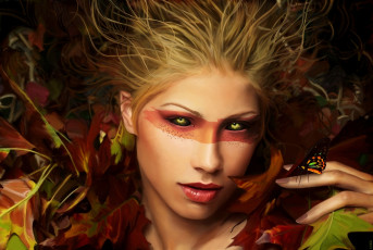 Картинка фэнтези эльфы арт девушка бабочка лицо веснушки осень листья тату