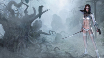 Картинка 3д+графика фантазия+ fantasy фон взгляд девушка деревья камни туман оружие