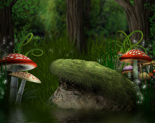 Обои картинки фото 3д графика, природа , nature, лес, трава, папоротники, мухоморы, грибы