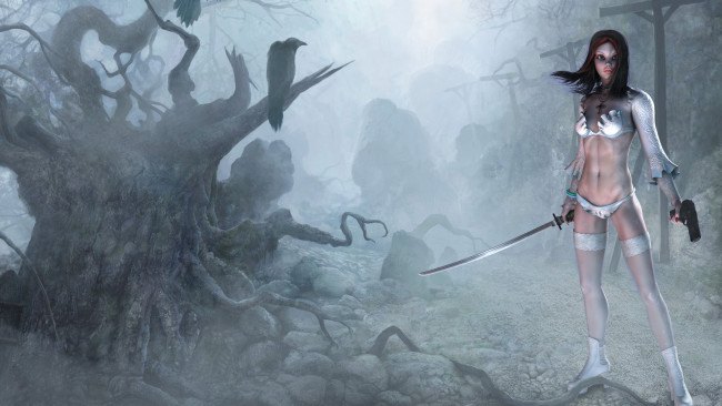 Обои картинки фото 3д графика, фантазия , fantasy, фон, взгляд, девушка, деревья, камни, туман, оружие