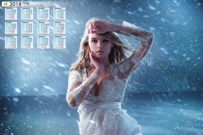 Обои картинки фото календари, девушки, взгляд, перья, снег