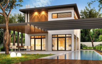 Картинка 3д+графика реализм+ realism бассейн вилла luxury villa houses газон дом modern дизайн деревья