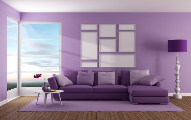 Обои картинки фото 3д графика, реализм , realism, purple, гостиная, окно, интерьер, диван, дизайн
