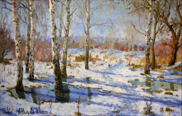 обоя рисованное, живопись, лес, снег, лужи