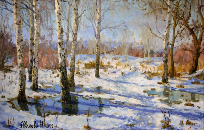 Обои картинки фото рисованное, живопись, лес, снег, лужи
