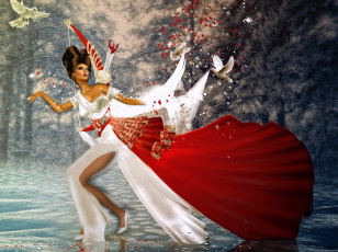 Картинка 3д графика fantasy фантазия голуби платье девушка