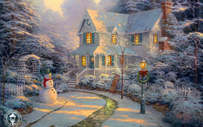 Обои картинки фото thomas, kinkade, рисованные, снег, снеговик, дом, рождество, зима