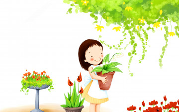 Картинка рисованные дети девушка лето цветы