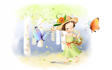 обоя рисованные, дети, шляпа, бабочки, девушка, лес, цветы